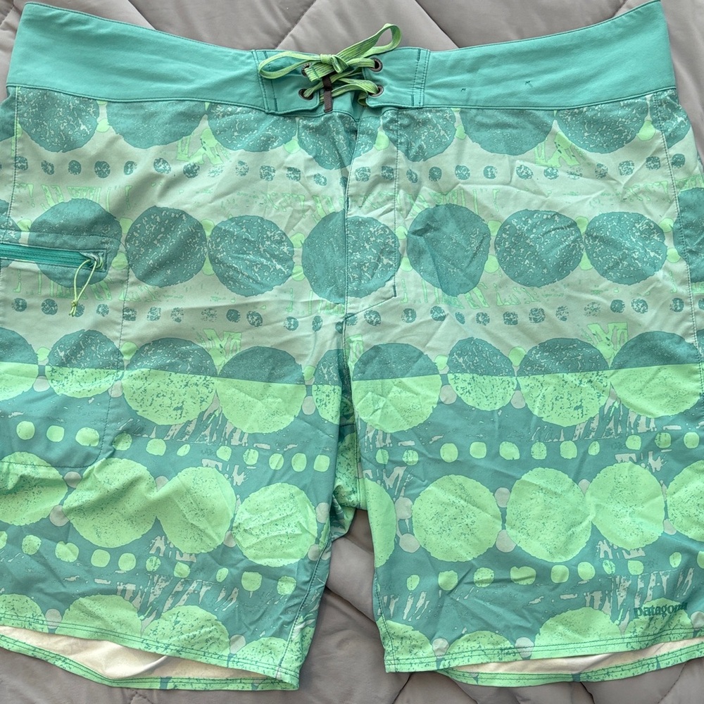 Patagonia Teal and Mint Patterned Board Shorts